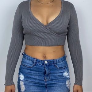 Forever 21 Gray Small Ribbed Sweater Wrap Crop Top
